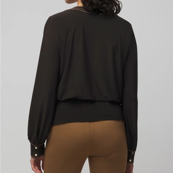 White House Black Market surplus wrap black  top brown contrast stitching NWT Lg - Picture 2 of 11